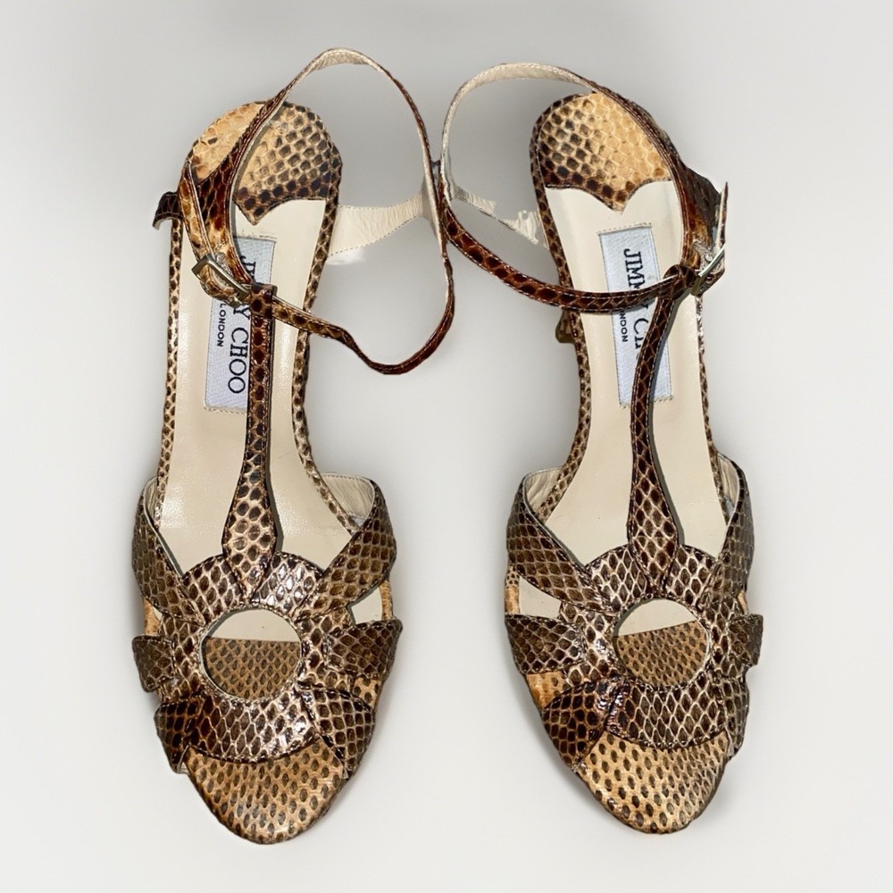 Jimmy Choo Tan & Brown Snakeskin Textured Heeled Sandals T Strap Heels 7.5